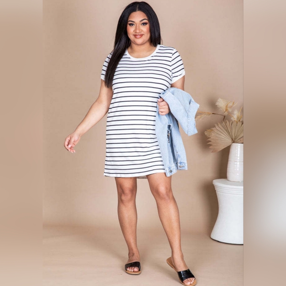 Pink Lily Blissful Days White/Black Striped T-Shirt Dress 3X